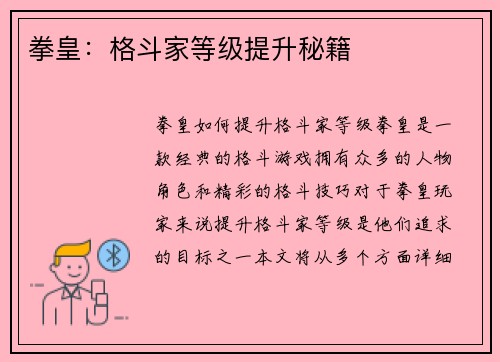 拳皇：格斗家等级提升秘籍