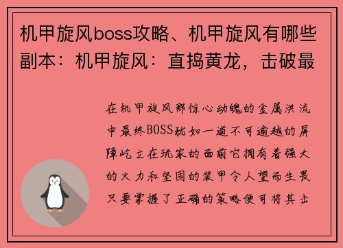 机甲旋风boss攻略、机甲旋风有哪些副本：机甲旋风：直捣黄龙，击破最终BOSS